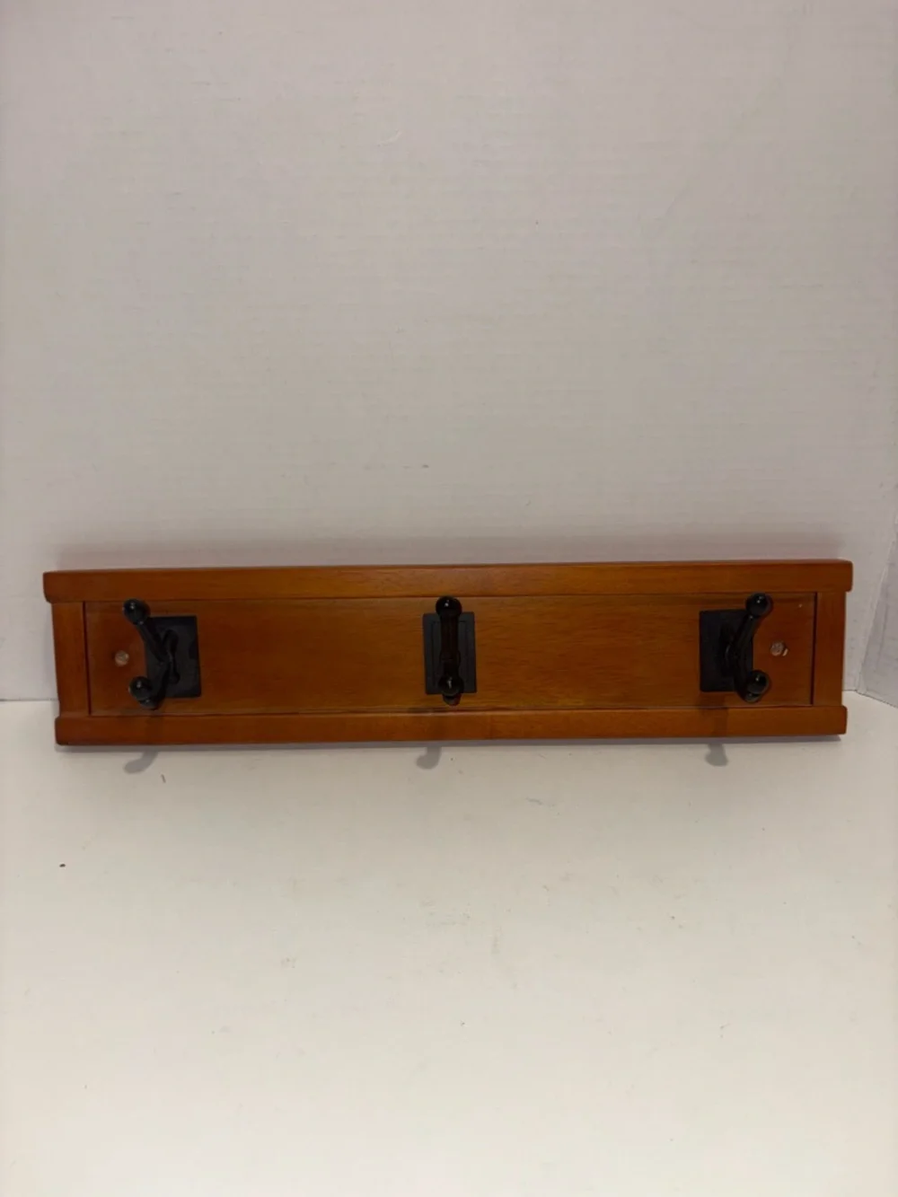 Wood Wall Hook Rack with Black Metal Hooks - Brown